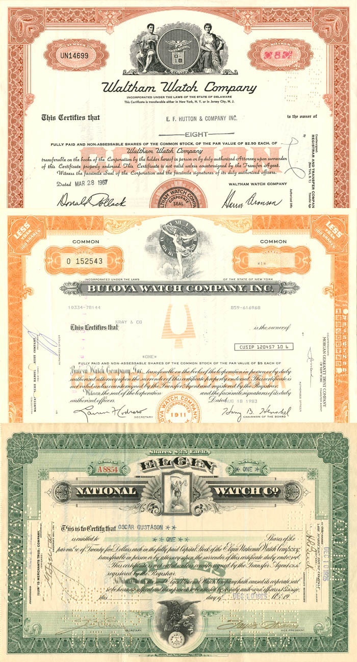 Set of 3 Watch Stocks - Three Stock Certificate Set